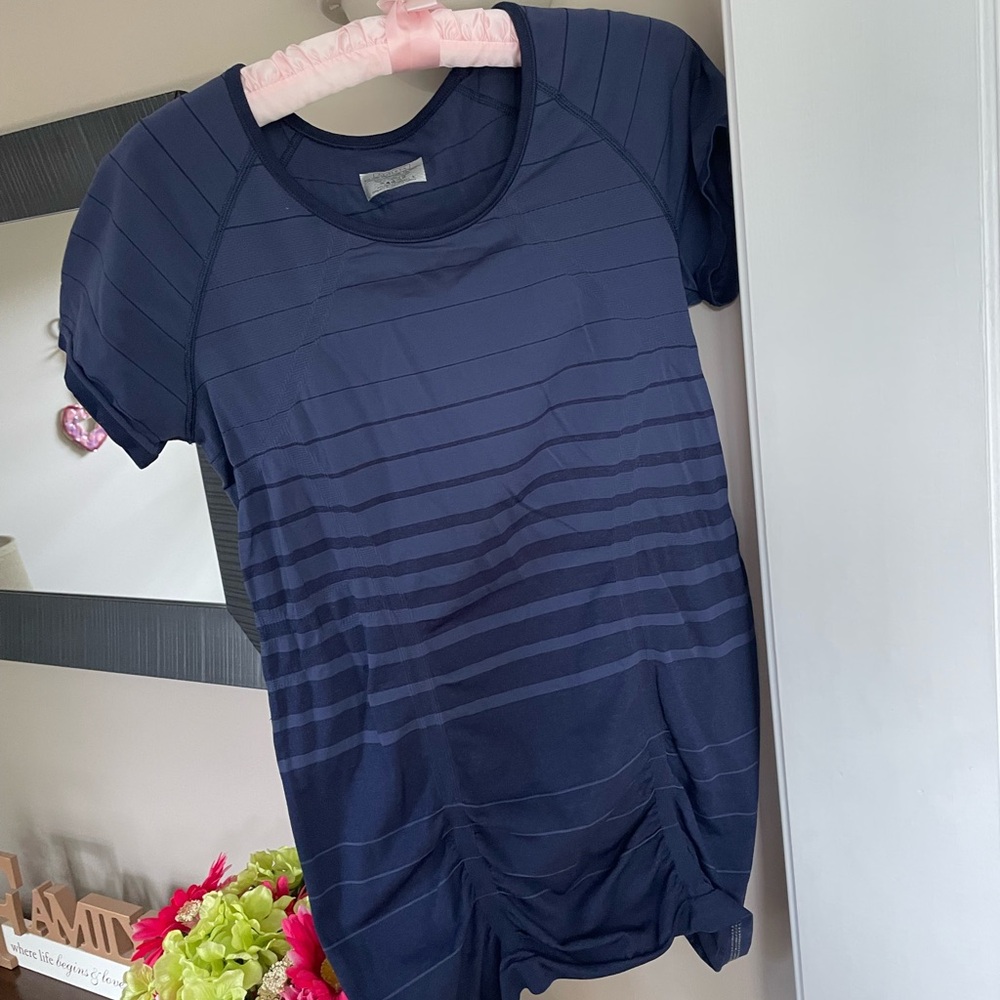 Athleta Navy Striped Short Sleeve Tee